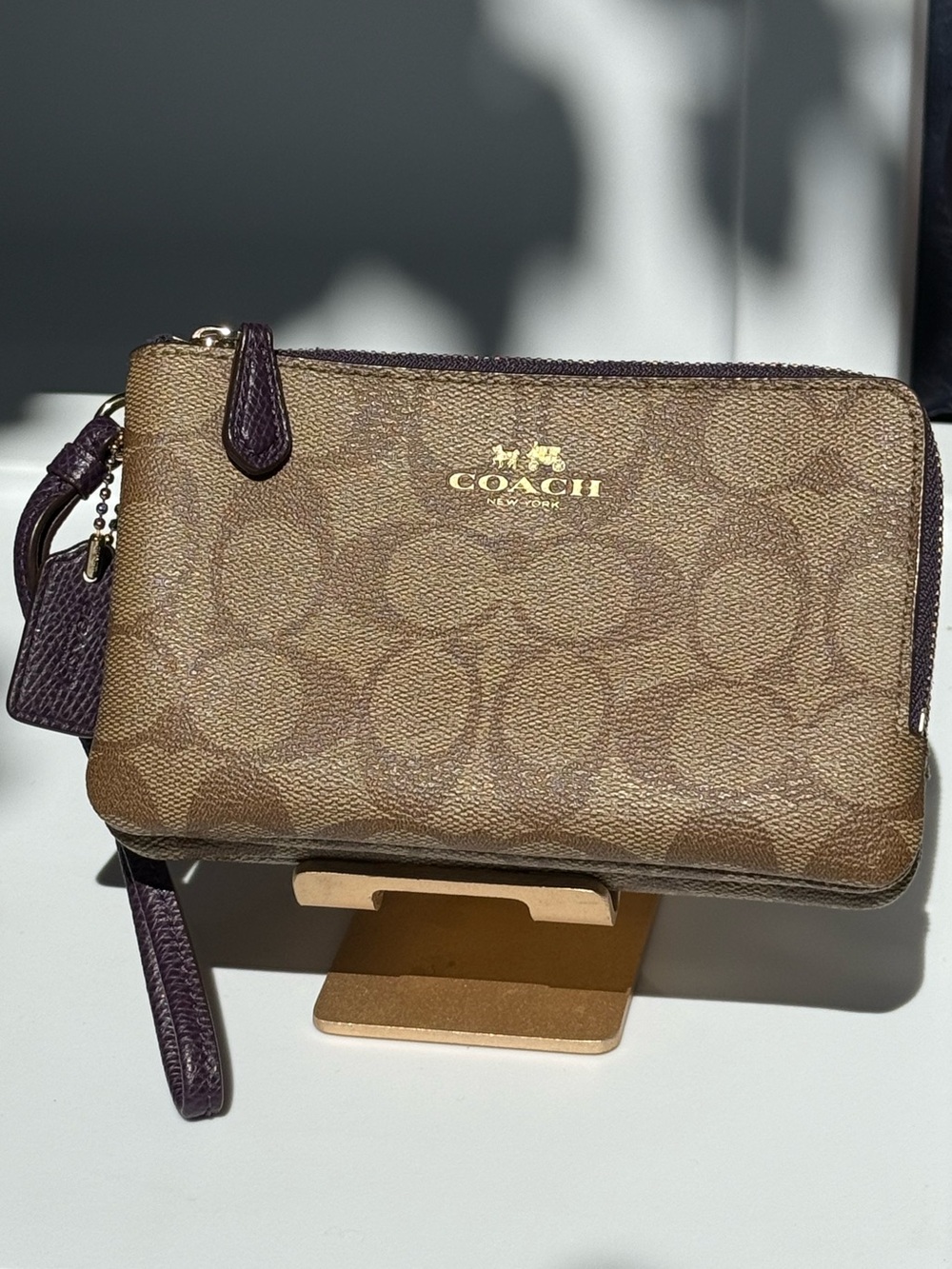Coach Signature Canvas Double Zip Wristlet Purple Trim